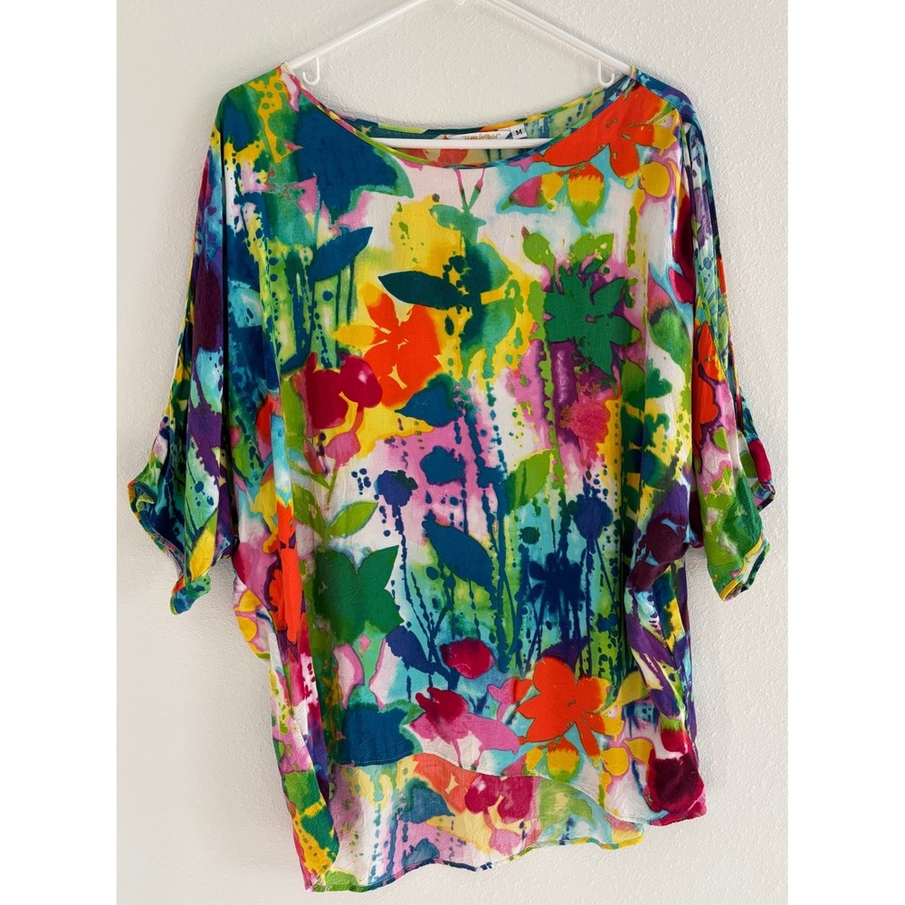 Vintage‎ Jams World Top Womens Medium Hawaiian Tropical Art Cold Shoulder Cotton